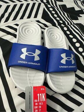 Boys Under Armour Blue and White Slide Sandals NWT